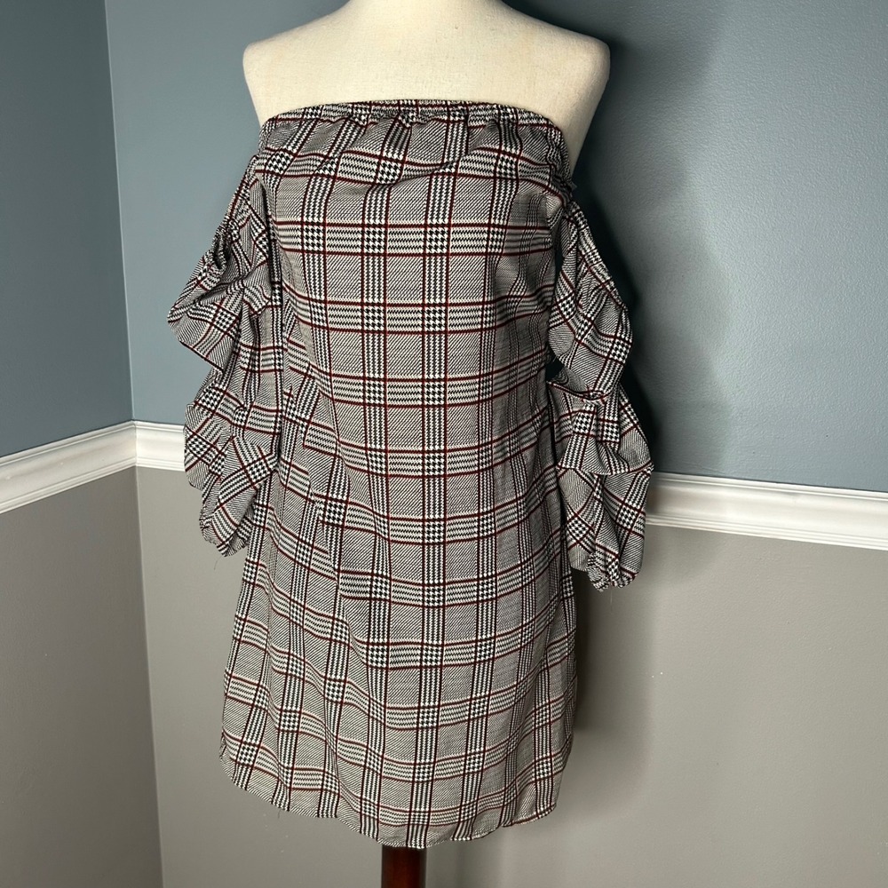 Fashion Nova Hard At Work Plaid Dress XS Black White Red Off Shoulder Ruffle Bow